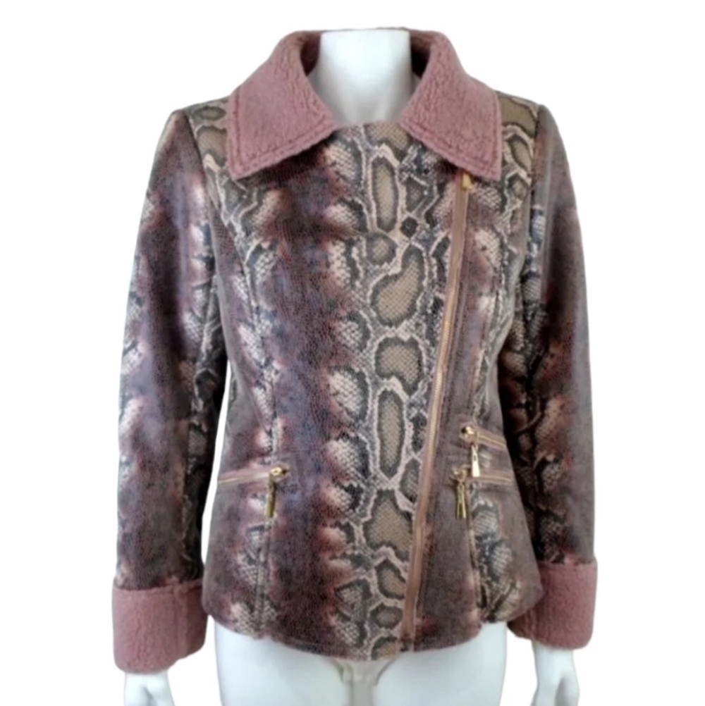 V Cristina Pink and Black Multicol Fleece Lined Snakeskin Moto Jacket Size large